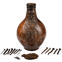 Very Large Glazed Bellarmine Witch's Bottle with Contents