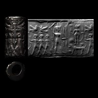 Syrian Stone Cylinder Seal with Storm God and Fertility Goddess