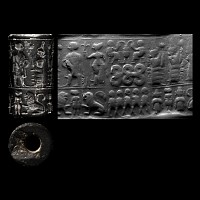 Syrian Haematite Cylinder Seal with Goddess and Drinking Scene