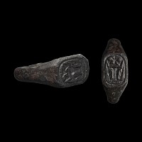 Large Medieval Bronze Signet Ring with Crowned I