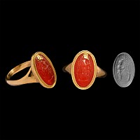 Italic Carnelian Gemstone Depicting the Goddess Athena Before a Tree in Gold Ring