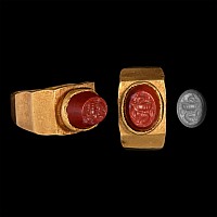 Roman Gold Ring with Jasper Gemstone of Fountain and Dolphin