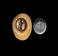 Roman Agate Gemstone  with Minerva Holding Nike in Gold Ring
