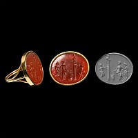 Post Medieval Gemstone Depicting Bacchanalian Sacrifice in Gold Ring