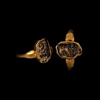 Roman Gold Ring with Burnt Agate Cameo of Eros, the Greek God of Love Riding a Hippocampus