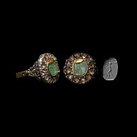 Diamond Locket Ring Set with Emerald Intaglio of Eros, the Greek God of Love, Playing Aulos