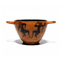 Greek Black-Figure Skyphos with Dancing Satyrs by the Komast Painter Group