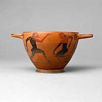 Greek Black-Figure Skyphos with Dancing Satyrs by the Komast Painter Group