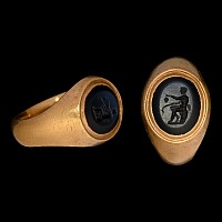 Roman Nicolo Gemstone with Seated Satyr in Gold Ring