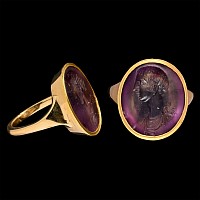 Large Eastern Roman Amethyst Gemstone with Male Bust in Gold Ring