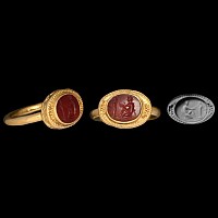 Roman Carnelian Gemstone with Kneeling Satyr Before Herm in Gold Ring