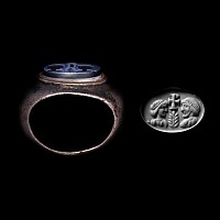 Late Roman Silver Ring with Nicolo Gemstone with Facing Busts and Chi Rho