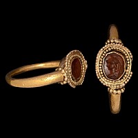 Roman Carnelian Gemstone with Bust of Minerva in Gold Ring