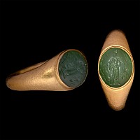 Roman Gold Ring with Green Chalcedony Gemstone with Pantheistic Deity
