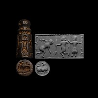 Large Mesopotamian Stone Stamp Seal with Lion and Figural Scene