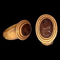 Large Roman Gold Ring with Carnelian Gemstone with Bust of the Goddess Athena and Inscription