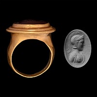 Large Roman Gold Ring with Carnelian Gemstone with Bust of the Goddess Athena and Inscription