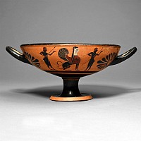 Greek Black-Figure Kylix with Warriors and Sphinxes