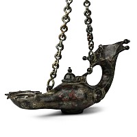 Byzantine Bronze Oil Lamp with Chain and Chi Rho