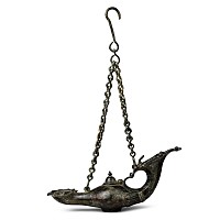 Byzantine Bronze Oil Lamp with Chain and Chi Rho