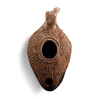 Byzantine Terracotta Slipper Oil Lamp with Animal Head and Cross Below