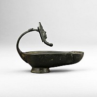 Roman Bronze Oil Lamp with Mask Handle