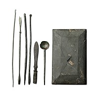 Roman Schist Medical Palette and Bronze Instrument Set
