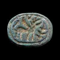Phoenician Blue Glazed Faience Scaraboid with Winged Beast and Tree
