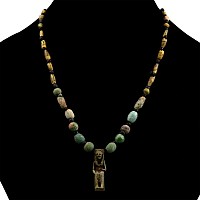 Egyptian Glass Bead Necklace with Large Sekhmet Faience Amulet