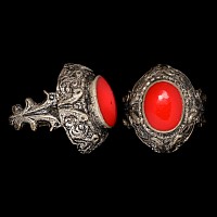 Ottoman Empire Silver-Coloured Metal Ring with Red  Cabochon