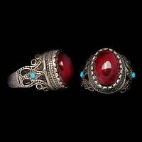 Ottoman Empire Silver-Coloured Metal Ring with Red Cabochon