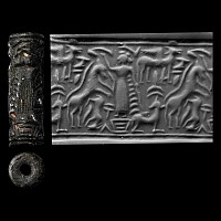 Western Asiatic Black Stone Cylinder Seal with Master of Animals