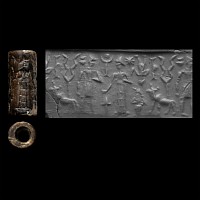 Western Asiatic Grey Stone Cylinder Seal with Figures and Animals