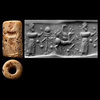 Western Asiatic Cream Stone Cylinder Seal with Figure and Gryphon
