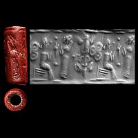 Western Asiatic Red Jasper Cylinder Seal with Court Scene