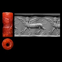 Western Asiatic Carnelian Cylinder Seal with Winged God Lamassu
