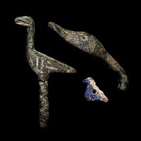 Roman Bronze and Lapis Bird Finial and Bead Group
