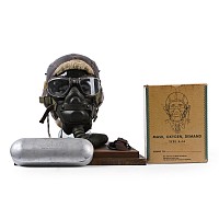 American Air Force WWII Sheepskin Helmet, Earphones, 'Posh' Goggles, Throat Mic and Oxygen Mask in Display Case