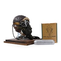 American Air Force WWII Sheepskin Helmet, Earphones, 'Posh' Goggles, Throat Mic and Oxygen Mask in Display Case