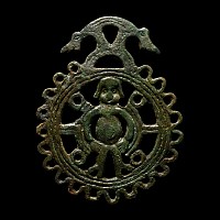 Pre-Viking Bronze Openwork Pendant with Bound Figure and Dragons