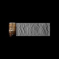 Neo-Assyrian Banded Calcite Cylinder Seal with Worshipping Scene