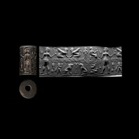 Western Asiatic Hematite Cylinder Seal with Worshipping Scene