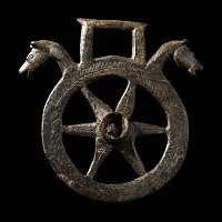 Late Roman Bronze Horse Harness Phalera with Horse Heads