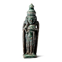 Egyptian Green Glazed Faience Mut Suckling Khonsu with Winged Sekhmet on the Back