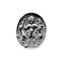 Eastern Greek Carnelian Scaraboid Gemstone with Nude Hero Holding Lions