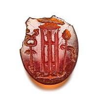 Roman Carnelian Gemstone with Tripod and Sceptres of Bacchus and Mercurius