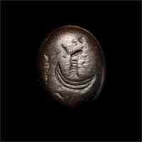 Neo-Babylonian Black Stone Stamp Seal with Figure in Boat