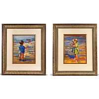 Pair of Pastel Paintings of Children on a Beach by Sue McDough