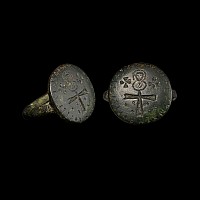 Large Byzantine Bronze Ring with Cross and Saint