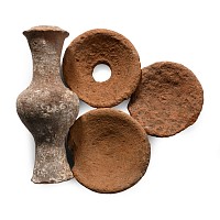 Greek Terracotta Spindle-Flask and Votive Plate Group
